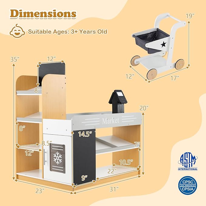 Costzon Kids Grocery Store Playset, Wooden Play Store w/Shopping Cart, Chalkboards, Refrigerator & Display Shelves, Grocery Store Pretend Play for Boys Girls 3+ Years Old