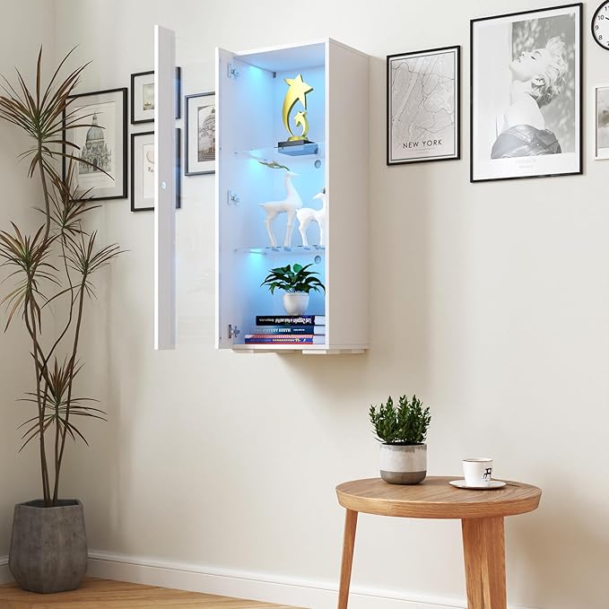 Pvillez 39" LED Display Cabinet with 3 Glass Shelves & 1 Door, Modern Wall-Mounted Curio Cabinet Display Case Storage Cabinet, High Gloss Floor Standing Bookshelf for Living Room Bedroom (White)