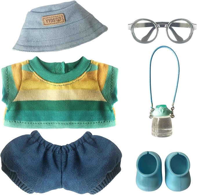 Clothes for 6.7in/17cm Dolls (Without Dolls) Sets and Accessories,6PCS (Hat + Glasses + t-Shirt + Pants + Water Bottle + Shoes), Collectors and As Gifts.(Green and Yellow Duplex)