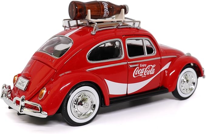 Motor city classics Coca-Cola Diecast Collectible | 1966 VW Beetle with Bottle on Top Rack | 1:24 Diecast Scale Model 424066 | Officially Licensed Coca-Cola Diecast