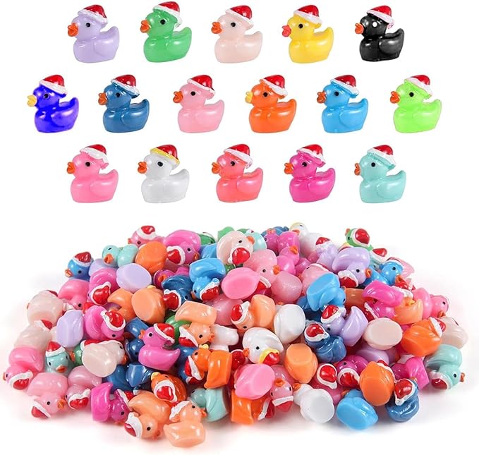 160 Pcs Christmas Mini Resin Ducks Tiny Santa Fairy Hat Duck Miniature Micro Landscape Garden Dollhouse Decor for Xmas Accessories DIY Craft Slime Party Gifts Prank Game Ornament Potted Plants