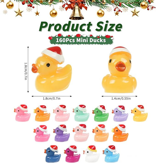 160 PCS Mini Resin Ducks Wearing Santa Hats, 16 Color Tiny Christmas Duck Figures for Dollhouse, Fairy Garden Ornaments, Xmas Goodie Bag Fillers Party Favors Supplies, Classroom Prizes