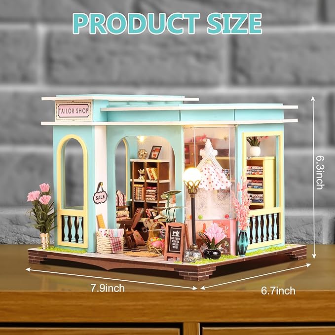 DIY Miniature House Kit, Dollhouse Kit with LED Light, Mini House Building Kits for for Adult to Building, Christmas Home Decorations Gifts for Family and Friends, Tailor's Store
