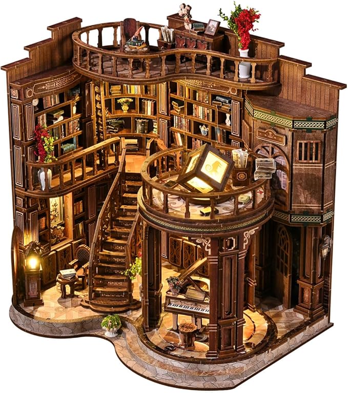 DIY Miniature House Kit, Book Nook Kit, 3D Wooden Puzzles Bookshelf Craft Kits, Dollhouse Kit with LED Light, Mini Building Kit for Adults Teen to Build (Dreamy Book Hall)
