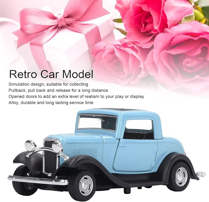 Classic Vintage Alloy Car Model Opened Doors Retro Antique Pullback Toy 1:32 for Playtime Education (Blue)