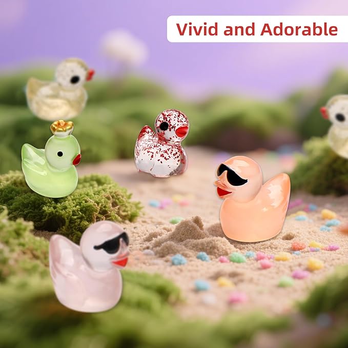 25pcs Mini Resin Ducks with Mini Suitcase, 12pcs Glitter &13pcs Luminous Tiny Duck Resin Animals for Fairy Garden Accessories, Dollhouse, Landscape, Succulents Decor, DIY Craft