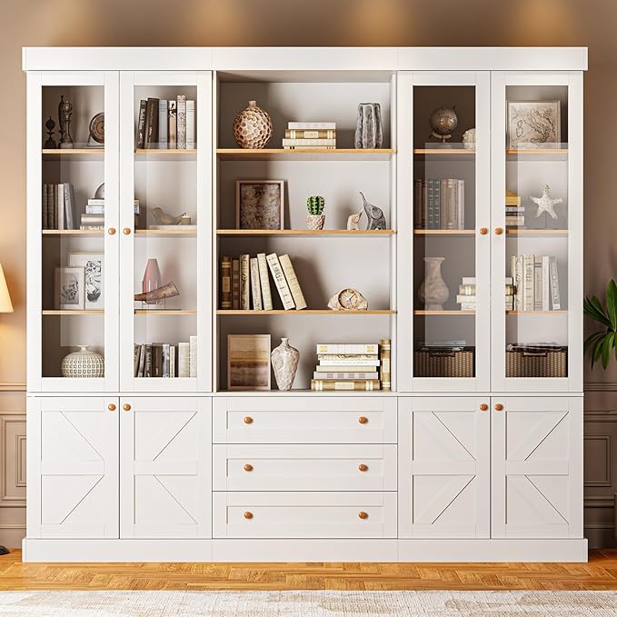 71" Tall Farmhouse Kitchen Pantry, Large Storage Cabinet with Glass Doors, Adjustable Shelves, 3 Drawer, Wood Versatile Hutch Cabinet for Dining Room, Living Room, White 3 PCS