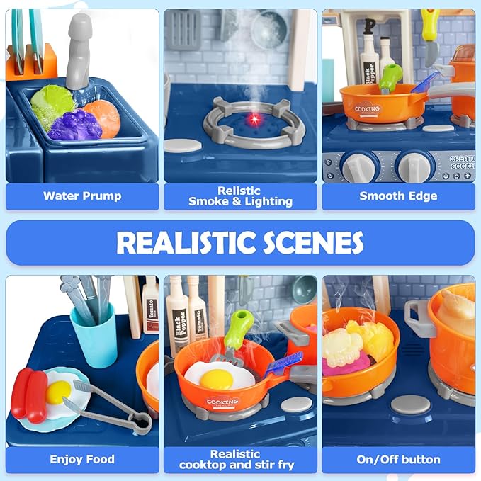 RedCrab Kids Kitchen Playset Toys, Simulate Mini Kitchen with Light and Sound, Food Toys & Kitchen Accessories, Multi-Functional Cooking Assistant, Pretend Toy Set for Toddlers 3-8(Blue)