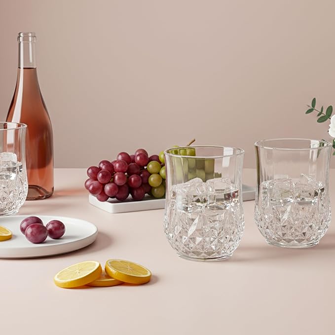 LEYIQU Stemless Wine Glasses, Plastic Reusable Cups Vintage Drinking Glasses Tumblers, Valentine’s Day Gifts for Couples, for Whisky, Beer, Juice, Beverages, Cocktai (24, 12oz-Transparent)