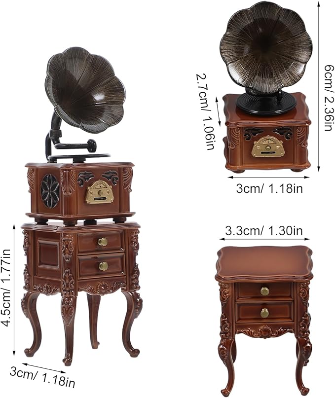 LOGOFUN Miniature Retro Phonograph Set Mini Retro Gramophone with Sound for Dollhouse Home Desktop Collectible Cabinet Decor - 1.7 * 1.3 & 2.3 * 1.1in