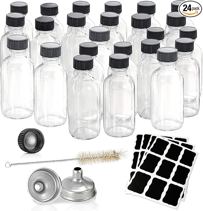 Hadatido 24pack 2oz Glass Shot Bottles With Caps,liquor Sample Bottles for Bourbon Whiskey,Potion,Oils,Vanilla Extract,Tincture,Hot Sauce,Syrup,Juice,with Funnels,Labels,Brush,No Leakag