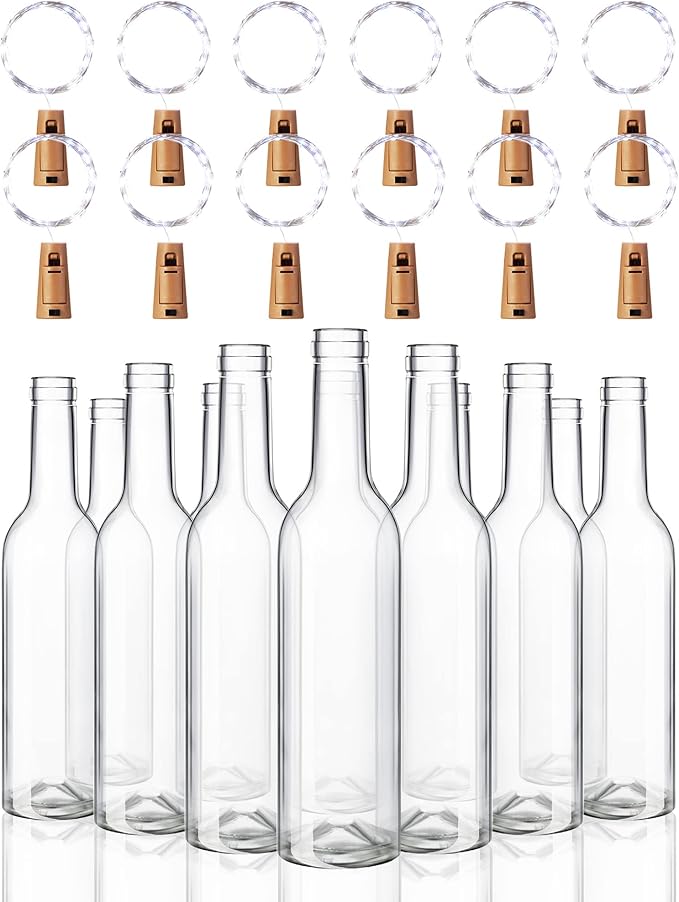 Rtteri 12 Sets Small Empty Wine Bottles with Cork Lights Centerpiece and 30 LED Battery Operated Cork Lights for Birthday Wedding Party Decoration(375 ml,White)