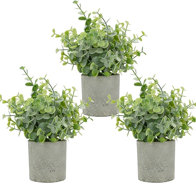 Bacucine 3Pcs Fake Plants Potted Mini Artificial Greenery Artificial Plants for Shelf Table Office Farmhouse Home Decor (Eucalyptus)