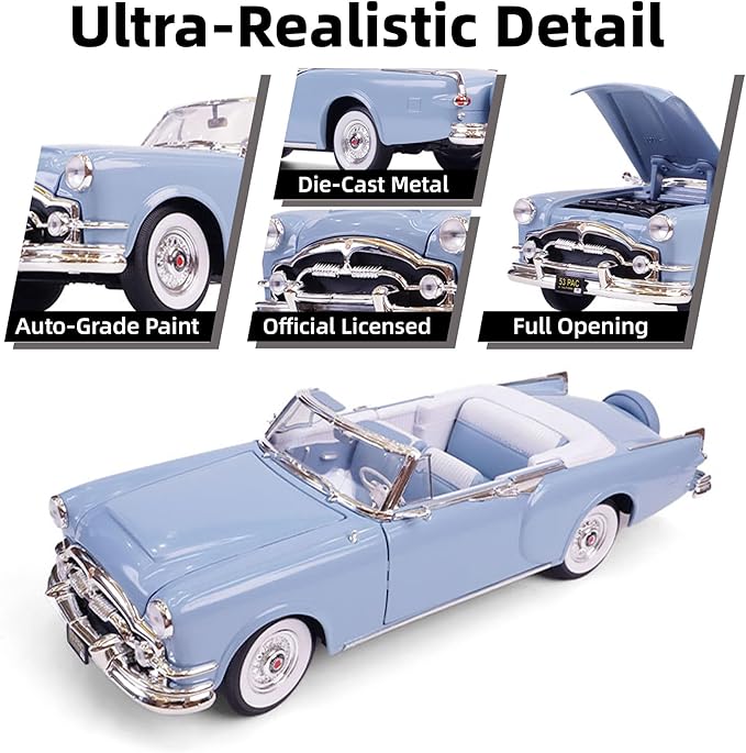 1953 Packard Blue 1/18 Scale Die-Cast Metal Model Alloy Cars with Display Case, with Opening Doors, for Kids Men and Teens Dad 14+ Year