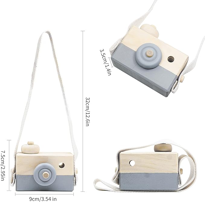 Baby Toy Wooden Mini Camera Toy, Baby Kids Cute Mini Sharpe Toy, Neck Hanging Photographed Props for Baby Toddlers Children Kids' Room Hanging Decor Gift (Gray)