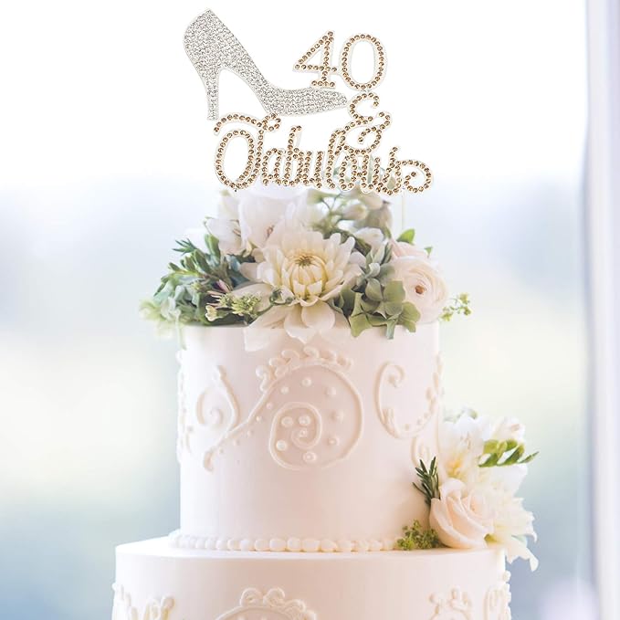 LINGTEER 40 Fabulous Silver High Heel Rhinestone Crystal Cake Topper Perfect for 40th Birthday Anniversary Party Keepsake Sparkle Decoration