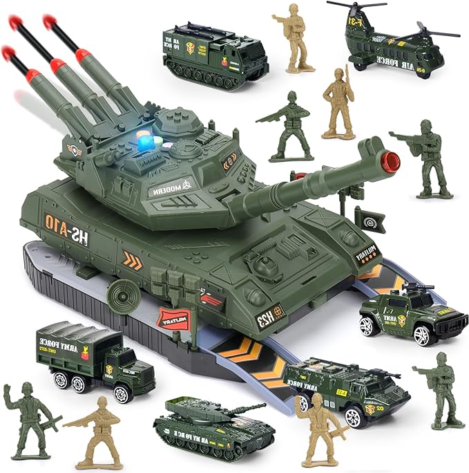 6-Piece Die-Cast Army Tank Set for Boys 3-6, with 8 Soldier Figures, Military Toys with Light & Sound, Launchable Missile Tanks