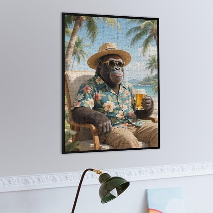 Summer Gorilla – 500 Piece Creative Animal Wooden Jigsaw Puzzle, Summer Gorilla Illustration, Brain Challenge, Relaxing Hobby, Family Entertainment