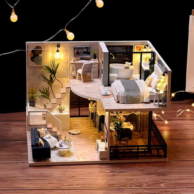 TuKIIE DIY Miniature Dollhouse Kit with Furniture, 1:24 Scale Creative Room Mini Wooden Christmas Doll House Accessories Plus Dust Proof & Music Movement for Kids Teens Adults(Satisfied Time)