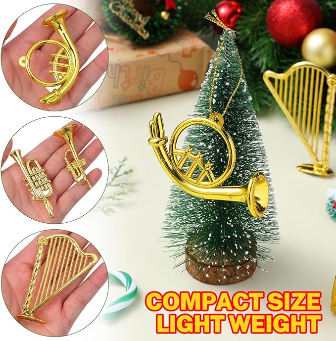 BESPORTBLE 14pcs Mini Musical Instrument Ornaments, Miniature Golden Trumpet Saxophone Harp Model Set for Christmas Tree Decor, Tiny Acrylic Instruments for DIY Crafts Dollhouse
