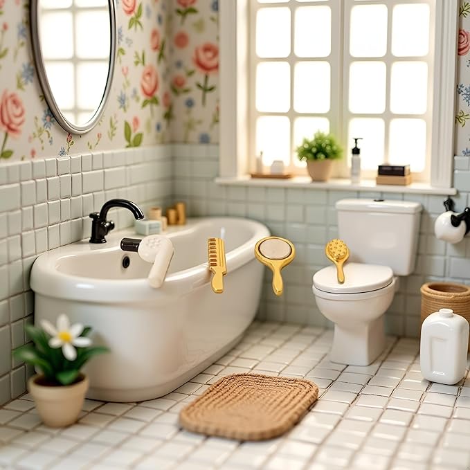 WLngtv 4Pcs Miniature Comb Hair Dryer Mirror Makeup Set /12 Dollhouse Decorations Hair Dryer Dollhouse Mirror Miniature Bathroom Accessory Furniture