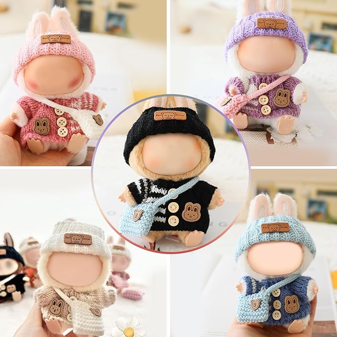 Clothes for LABUBU Doll (NO Doll), Handcrafted Crochet 3-Piece Accessories for LABUBU 17cm Dolls, Premium Outfit - Bunny Sweater + Hat + Bag, Cute Clothes for Dress up Unique Style (Black)