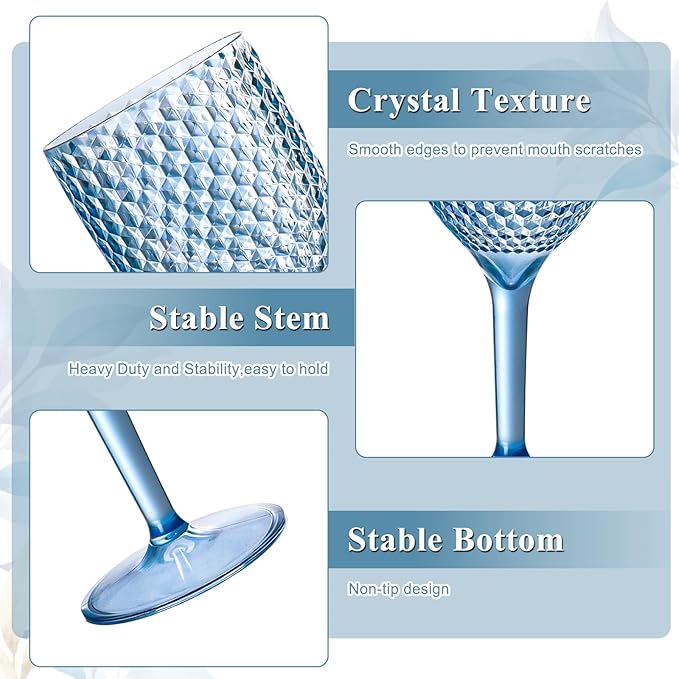 12Pcs Blue Plastic Wine Glasses 13.5oz Reusable Acrylic Wedding Goblets Toasting Glassware Unbreakable Wine Cups with Long Stem Crystal Drinking Glasses Champagne Flutes for Bar Restaurants Party