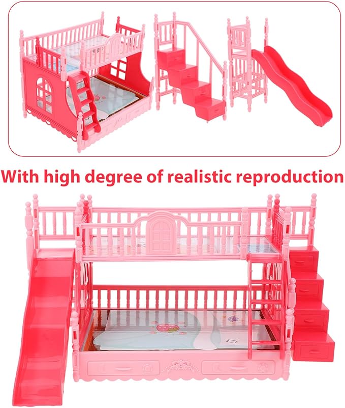 TOYANDONA Baby Doll Bunk Bed for Girls, Miniature Furniture Dollhouse Bed with Stairs, Plastic Mini Bedroom Furniture Birthday 1/12 Scale
