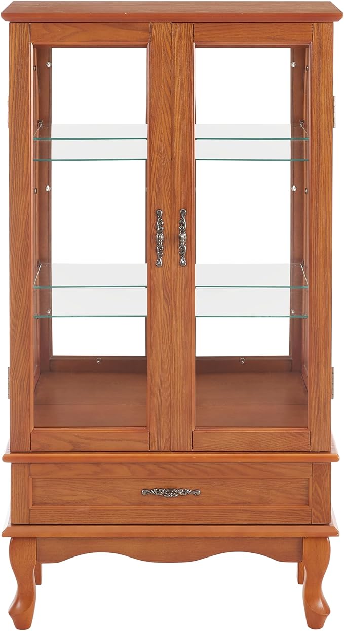 49" H Lighted Curio Display Cabinet with 2 Glass Doors & 1 Drawer, Wooden Curio Showcase w/Adjustable Shelves & Mirrored Back Panel, Wine Storage Cabinet Display Case for Living Room (Oak)