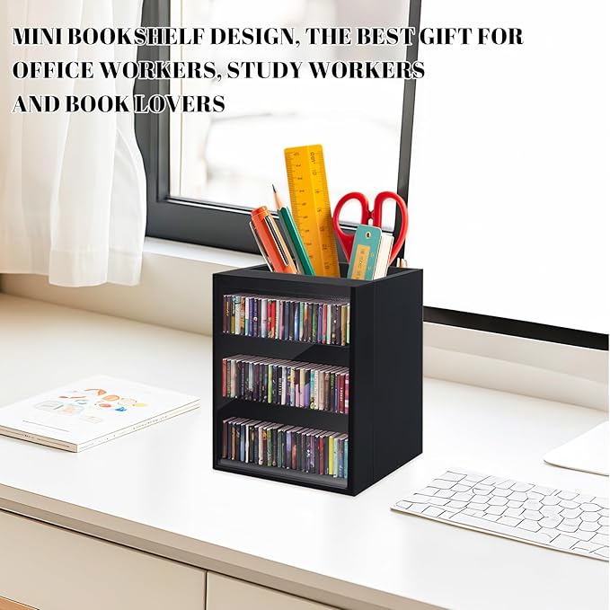 Anxiety Bookshelf Ornament Mini Bookshelf Miniature Library with 100pcs Mini Books, Mini Bookstore, Shake Off Your Anxiety, Bookmark or Pencil Holder Organizer for Book Lovers Home Decor (Black)