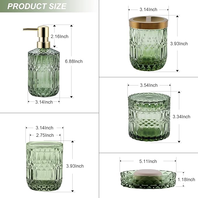 LaMarriti Green Bathroom Accessories Set, 5Pcs Clear Glass Bathroom Set Accessories, Soap Dispenser, Soap Dish, Toothbrush Holder Set, Tumbler, Qtips Holder for Vintage Crystal Bath Decor