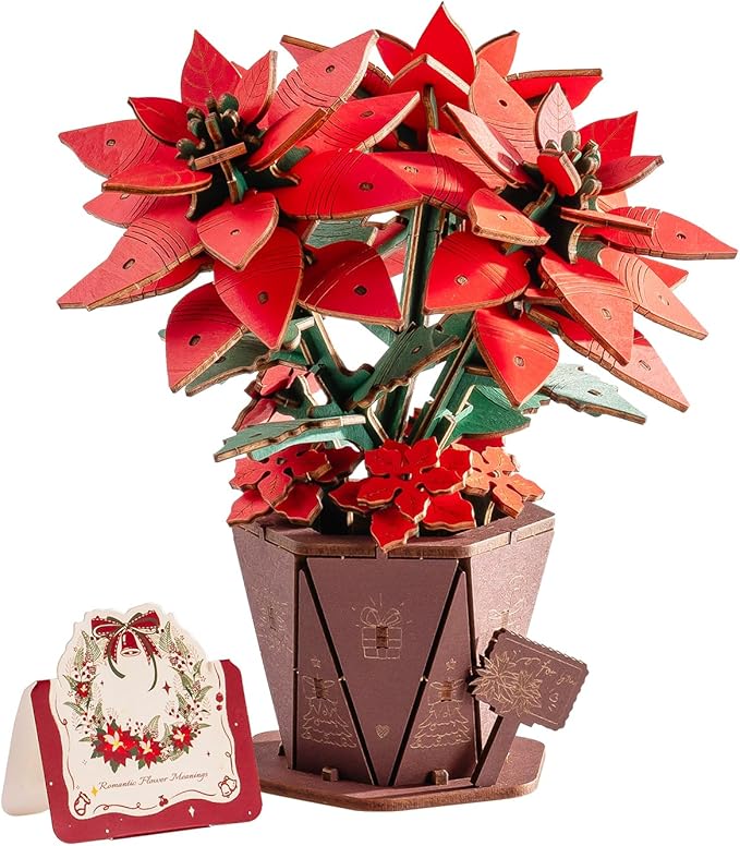 Wowood 3D Flower Wooden Puzzles for Adults-Poinsettia, DIY Wooden Flowers Model Kit Building Set Crafts for Adults to Build, Botanical Collection/Ideal Creative Gift Ideas/Housewarming (153PCS)