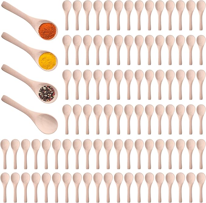 Boao 100 Pcs Small Wooden Spoons, 3.5'' L, Mini Wood Natural Tiny Spoons Wooden Little Teaspoons for Jars Sugar Creamer Honey Spices Salt Kitchen Supplies (Wood Color)