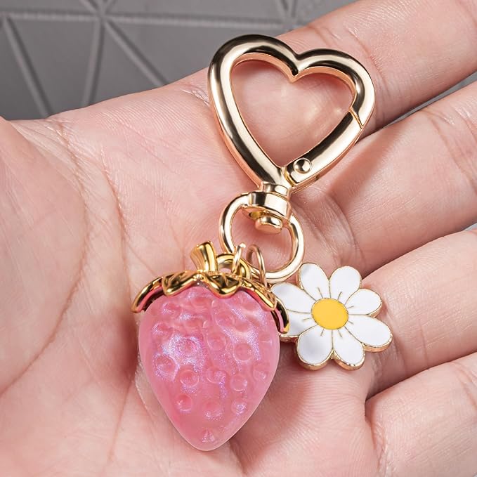 Wikavanli Cute Strawberry Keychain,Bag Charms,Kawaii Heart Flower Daisy Key chains Accessories Decor for Women Girls Purse