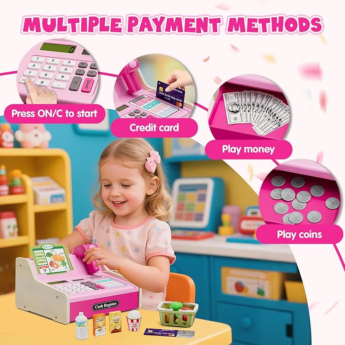 Wee Wonders Wooden Cash Register for Kids with Real Calculator, Rechargeable Cash Register Toy with Scanner/Play Money/Food/Credit Card/Menu, Pretend Play Toys Gifts for Boys Girls Ages 3-8,Color