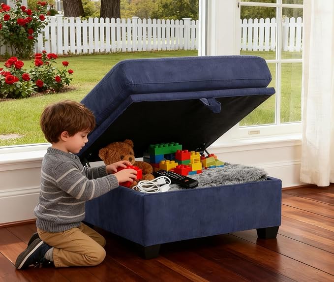 asunflower Ottoman with Storage for Couch Navy Blue 25.2 Inch Square Storage Ottoman Foot Rest for Living Room Large Ottomans for Dorm, Bedroom,Office with Deep Seating