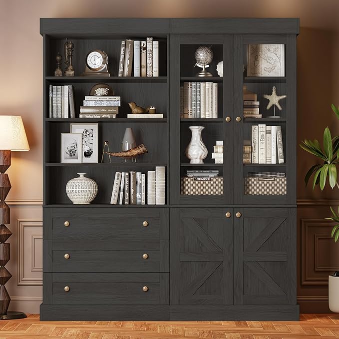 71" Tall Farmhouse Kitchen Pantry, Large Storage Cabinet with Glass Doors, Adjustable Shelves, 3 Drawer, Wood Versatile Hutch Cabinet for Dining Room, Living Room, Black 2 Pcs