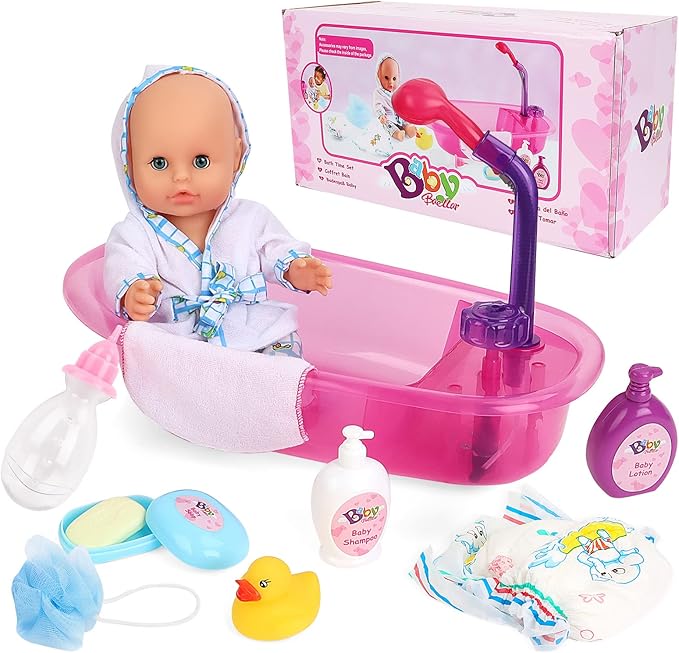 deAO Baby Doll Set with Bathtub,11PCS Doll Bath Set - Real Working Bathtub with Detachable Shower Spray,Toy Gift Set for 3+ Years Old Kids