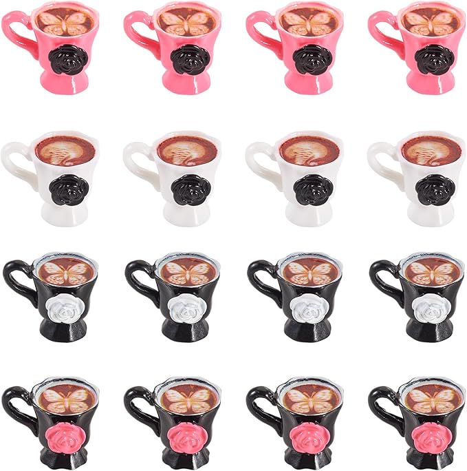 16Pcs Resin Mini Coffee Cups Miniature Things Kitchen Set Drink Food Rose Coffee Mug Butterfly Latte Art Tableware Dollhouse Ornaments for Desktop Decorations Crafts 25x21x20mm