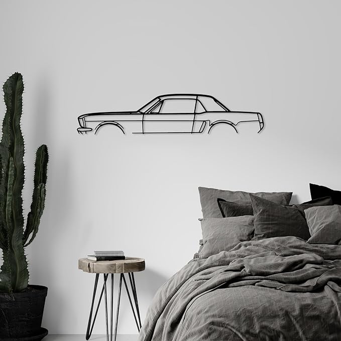 DecoSoul Mustang Metal Car Wall Art, Sports Car, Automotive Silhouette Line Decoration, Minimalist Sculpture for Garage, Indoor Outdoor Wall Hanging, Gift for Boyfriend (Black - 15 x 4.1” inch)