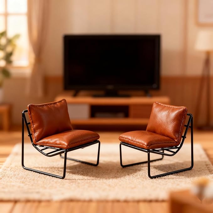 LOGOFUN 2 Pcs Dollhouse Miniature Furniture Mini Sofa Chair Model Micro Landscape Back Chair Doll House Accessory (Light Brown) - 4.2 * 4.2 * 4.1 inch