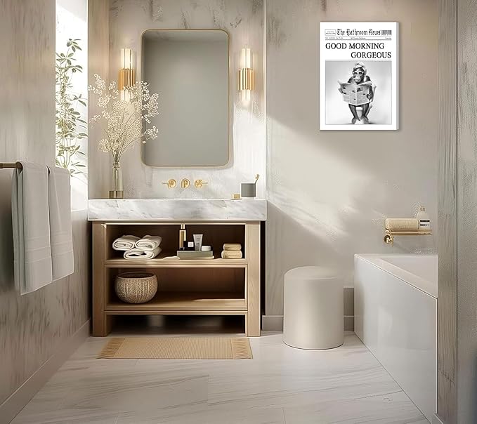 Funny Gorilla Bathroom Canvas Wall Art Black White Gorilla Reading Newspapers Painting Picture Wall Decor Humorous Bathroom Animals Poster Print Artwork for Toilet Home Decoration 16x24in