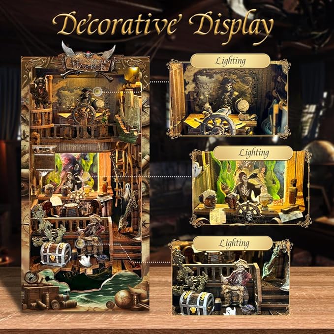 STRUCWOOD DIY Book Nook Kit - Pirate 3D Wooden Miniature Puzzles with LED Light Dollhouse Model Craft Kits for Adults Bookshelf Insert Decor Gifts for Adults - New World Ship (SQ-36)