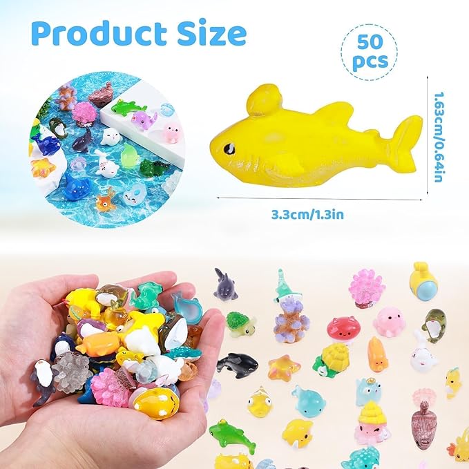 50pcs Mini Ocean Resin Animals Tiny Sea Animals Figurines Marine Miniature Plastic Animals Aquarium Ornaments Decorations for DIY Fish Tank Potted Micro Fairy Garden Dollhouse