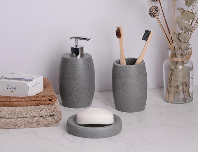Clasin Home Grey Bathroom Accessories Set 3 PC, Resin Sandstone Look Soap Dispenser, Toothbrush Cup, Soap Dish, Bathroom Soap Dispenser Set for Home Decor and Kitchen