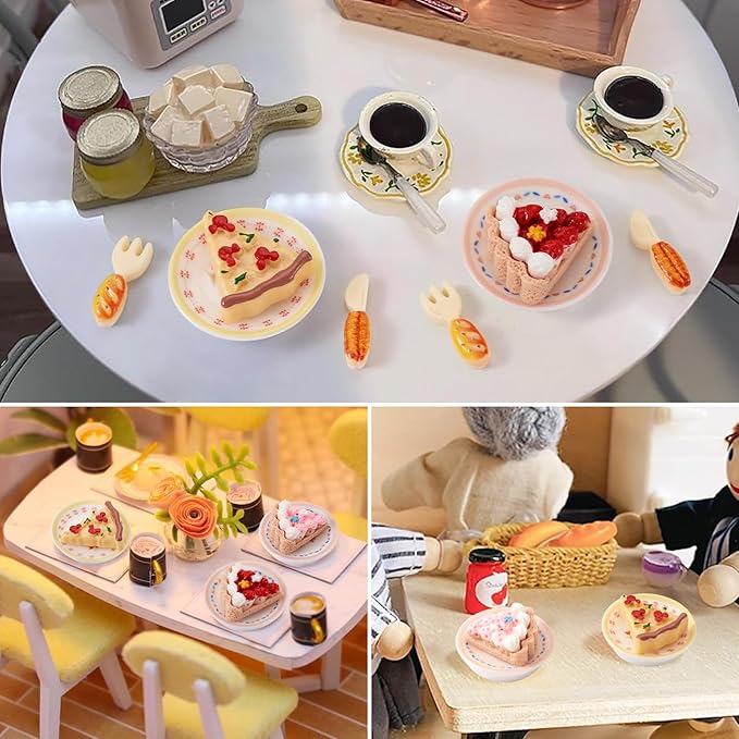 42Pcs Mini Cakes Tableware Kit Decorations Dollhouse Accessories Imitation Miniature Dessert Fork Knife High Tea Resin Cabochons Ornaments Garden Home Party Decorations Crafts Supplies