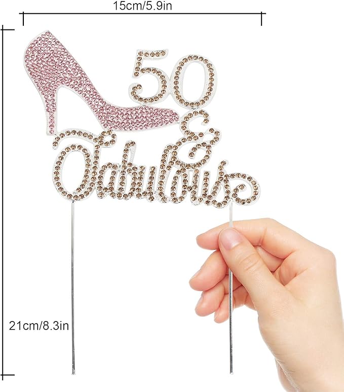 LINGTEER 50 Fabulous Pink High Heel Rhinestone Crystal Cake Topper Perfect for 50th Birthday Anniversary Party Keepsake Sparkle Decoration