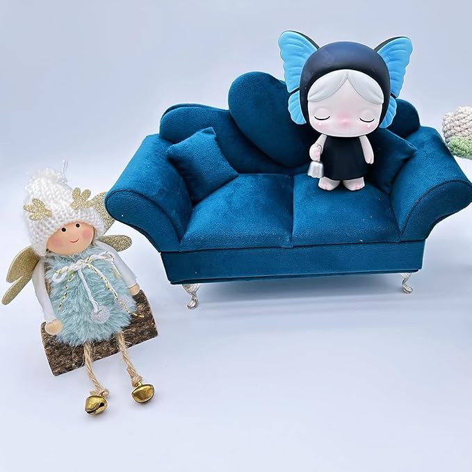 Modern Dollhouse Furniture, 1/6 Scale of Miniature Dollhouse Sofa, Openable Sofa Mini Jewelry Display Storage Box with Mini Mirror for Earrings, Necklaces, Bracelets (Blue Velvet)