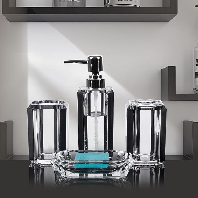4 Piece Premium Acrylic Bathroom Accessory Set, Hand Sanitizer Bottle, Lotion Can Bathroom Suit, Separate Bottle Soap Box, Mouthwash Cup, Toothbrush Cup(Brushed Black)