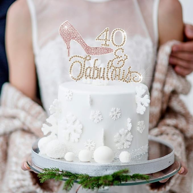 LINGTEER 40 Fabulous Pink High Heel Rhinestone Crystal Cake Topper Perfect for 40th Birthday Anniversary Party Keepsake Sparkle Decoration